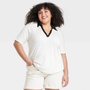 NWT Ava & Viv 3X Ribbed Polo Shirt White & Black Short Sleeve Cotton Soft